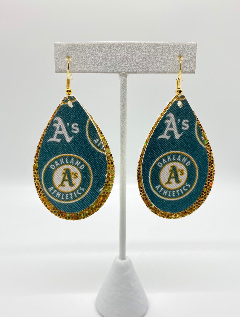 Tear Drop Layered Faux Leather Oakland A\u2019s Shimmer Earrings