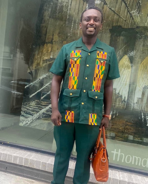 kente cloth dress shirt African Dashiki Suit for Men Kente Print Long Sleeve Outfit Clothing Shirts and Pants 2 Piece Traditional Attire Black-V041 Small at Amazon Men's Clothing store