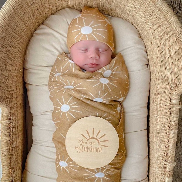 Miaoberry 100% Organic Cotton Muslin Boho Sunrays Swaddle Blanket | Yellow Mustard |Gold| Best for Baby Shower Gift and Newborn Photo