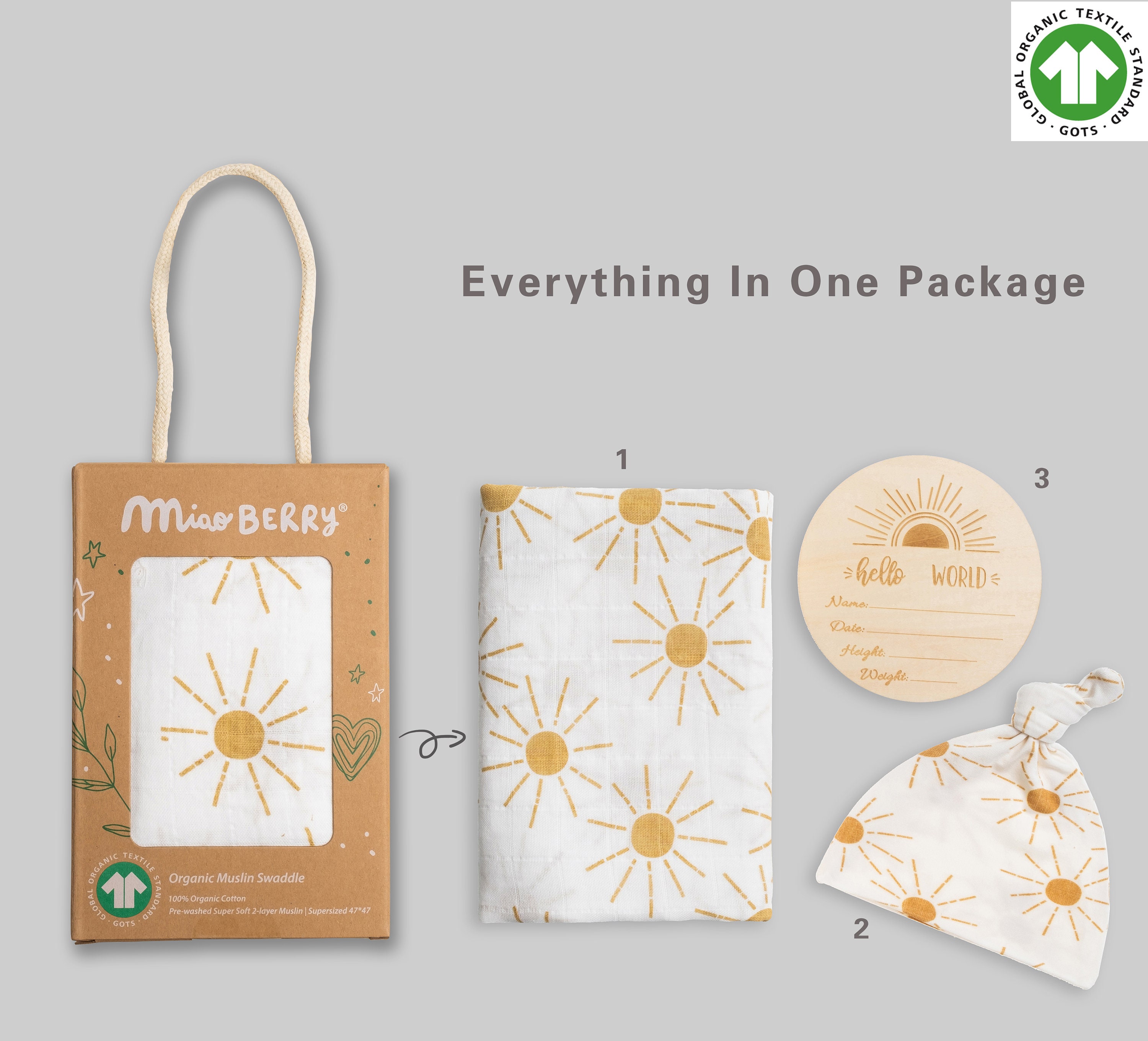 Miaoberry Bio-Baumwolle Wickeldecke – Boho Sonnenstrahlen Design, 47 Zoll, Mit Mütze & Karte