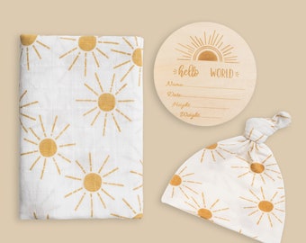 Organic Muslin Swaddle Blanket: Boho Sunrays, Matching Hat & Birth Announcement