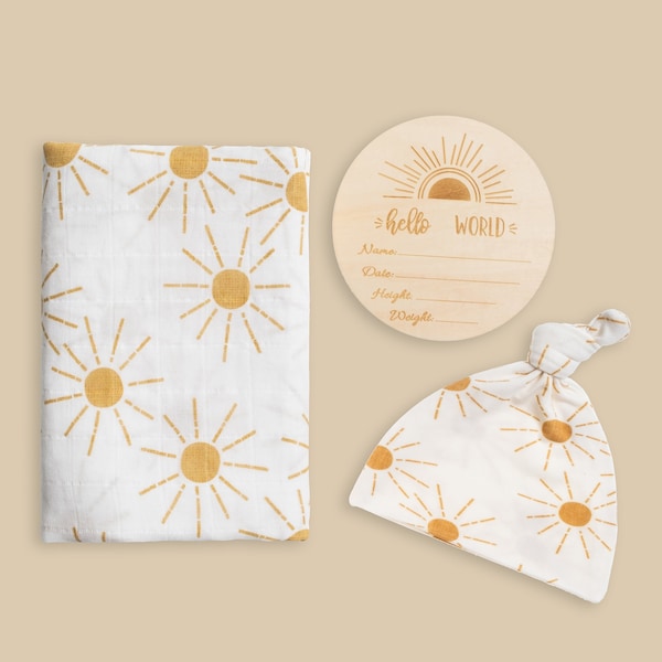 Organic Muslin Swaddle Blanket: Boho Sunrays, Matching Hat & Birth Announcement