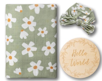 Daisy Garden Muslin Swaddling Blanket: Organic Cotton Baby Bow