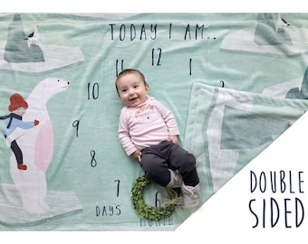 Hand Illustrated Unisex Extra Large Double Sided Ultra Soft Fleece Polar Bear Baby Milestone Blanket in Mint Green