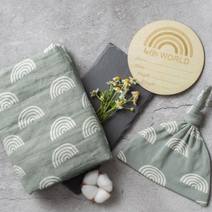 Organic Muslin Swaddle Blanket Set: Sage Green Rainbow, Boho Baby Hat & Birth Announcement Disc