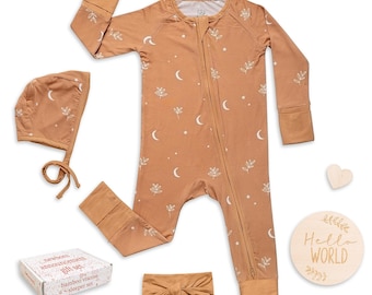 Conjunto de pijamas de bambú para recién nacidos Miaoberry – Boho Moon-Naranja quemado