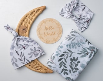 Organic Muslin Swaddle Set: Eucalyptus Print Blanket, Hat, Birth Announcement