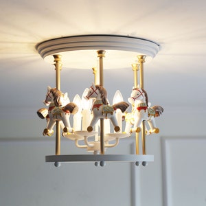 Blue Horse Carousel Merry-Go-Around 6-lights Flush Mount Ceiling Light, Pedant Chandelier for Kids Room or Nursery image 4