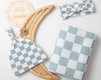 Organic Muslin Baby Blanket Set: Sage Green Checkered Hat & Birth Announcement