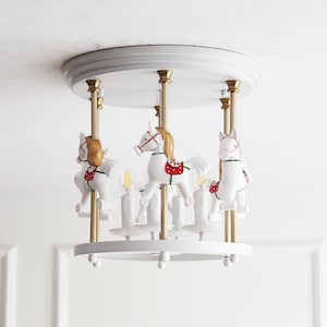 Red Horse Merry-Go-Around Carrousel 6-lights Flush Mount Ceiling Light, Pedant/Chandelier for Kids Room or Nursery image 1