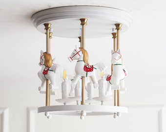 Red Horse Merry-Go-Around Carrousel 6-lights Flush Mount Ceiling Light, Pedant/Chandelier for Kids Room or Nursery