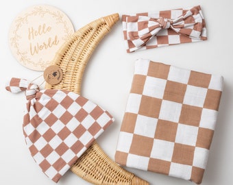 Organic Muslin Baby Blanket Set: Brown Checkered Swaddle, Hat, Birth Disc