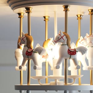 Red Horse Merry-Go-Around Carrousel 6-lights Flush Mount Ceiling Light, Pedant/Chandelier for Kids Room or Nursery image 3