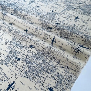 Plane Fabric by the Yard - Cotton Upholstery Weight - 54&quot; wide - Vintage Map Fabric - Premier Prints Fabric - Air Traffic Felix Blue/Natural