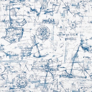 Vintage Nautical Sailing Ship Fabric - Upholstery Weight Cotton - 54&quot; wide - Nautical Map Print - Schooner Nautical