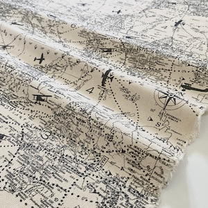 Airplane Fabric by the Yard Cotton Canvas Vintage Plane Print Boys Room Aviation Nursery Decor Air Traffic Map Pattern Upholstery Curtains