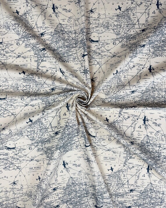 Cotton Airplane Fabric by the Yard Vintage Plane Print Boys Room Aviation Nursery Decor Air Traffic Map Pattern Upholstery Curtains Pillows