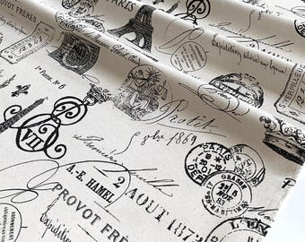 Vintage French Print Fabric by the Yard - Cotton 54" wide - Paris Eiffel Tower Travel Upholstery Textile - French Stamp Onyx/Natural