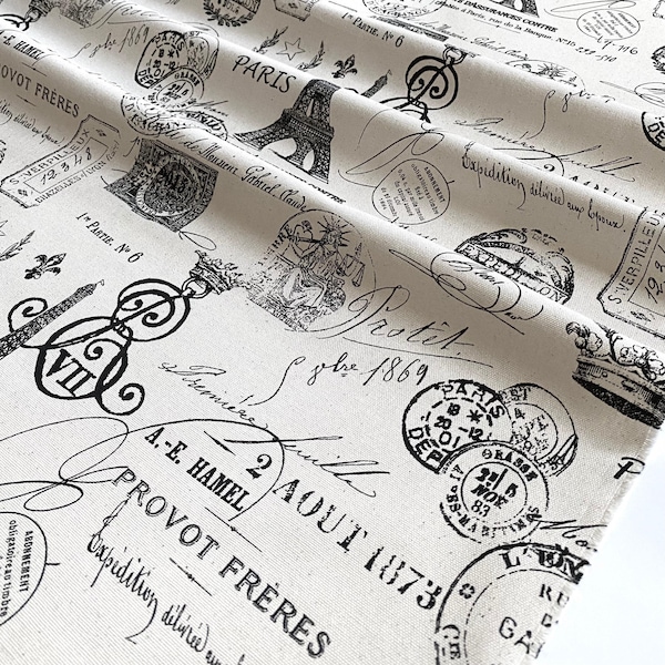 Tela estampada francesa vintage cortada a medida - Algodón 54" de ancho - Tela de tapicería de viaje con la Torre Eiffel de París - Estampado francés Ónix/Natural