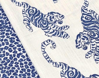 Tela con estampado de tigre azul cortada a medida, lona de algodón texturizada, estampado animal maximalista, tapicería, textil, cortinas, cojines, decoración ecléctica