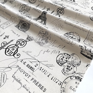 Vintage French Print Fabric by the Yard - Cotton 54&quot; wide - Paris Eiffel Tower Travel Upholstery Textile - French Stamp Onyx/Natural
