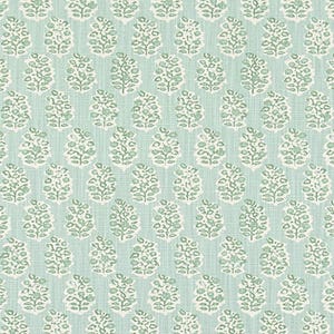 May include: A repeating pattern of stylized floral motifs on a light blue background. The design features white and light green floral shapes arranged in a grid-like formation, creating a textured, decorative fabric.