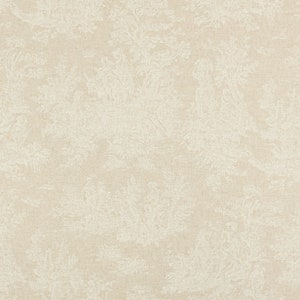 May include: A beige fabric with a white toile pattern featuring a repeating design of trees and figures. The fabric has a subtle texture.