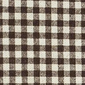 May include: Close-up of a brown and white checkered fabric. The pattern is a classic gingham design, with evenly spaced squares. The fabric has a textured appearance, suggesting a woven material.