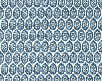 Blue Leaf Print Fabric by the Yard Textured Heavy Weight Cotton Linen Upholstery Material Botanical Pattern Home Decor Curtain Textile