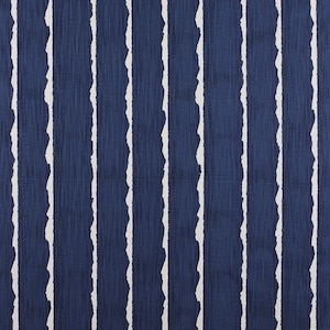 May include: Blue and white striped fabric with a textured, linen-like appearance. The stripes are irregular and have a jagged edge.