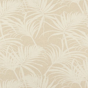 May include: A beige background with a white palm leaf pattern. The leaves are stylized and have a subtle texture.