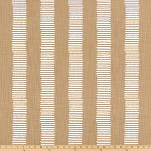 May include: A brown fabric with white stripes. The fabric has a subtle texture and is perfect for upholstery or curtains.