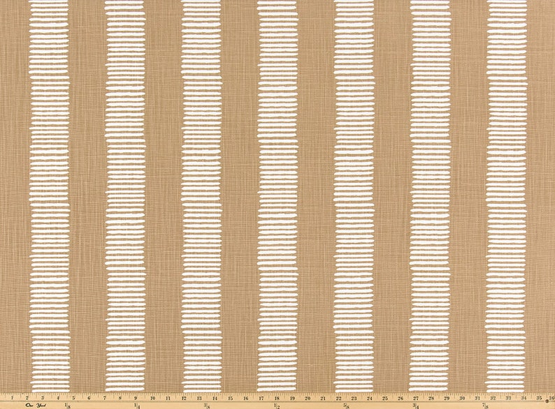 May include: A brown fabric with white stripes. The fabric has a subtle texture and is perfect for upholstery or curtains.