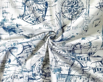 Nautical Fabric by the Yard - Cotton Canvas Blue & White Vintage Print Nautical Theme Sailboat Upholstery Fabric Ocean Coastal Decor