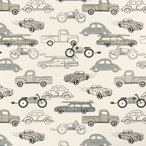 May include: A seamless pattern featuring various vintage vehicles in shades of grey on a cream background. The pattern includes cars, trucks, motorcycles, and station wagons.