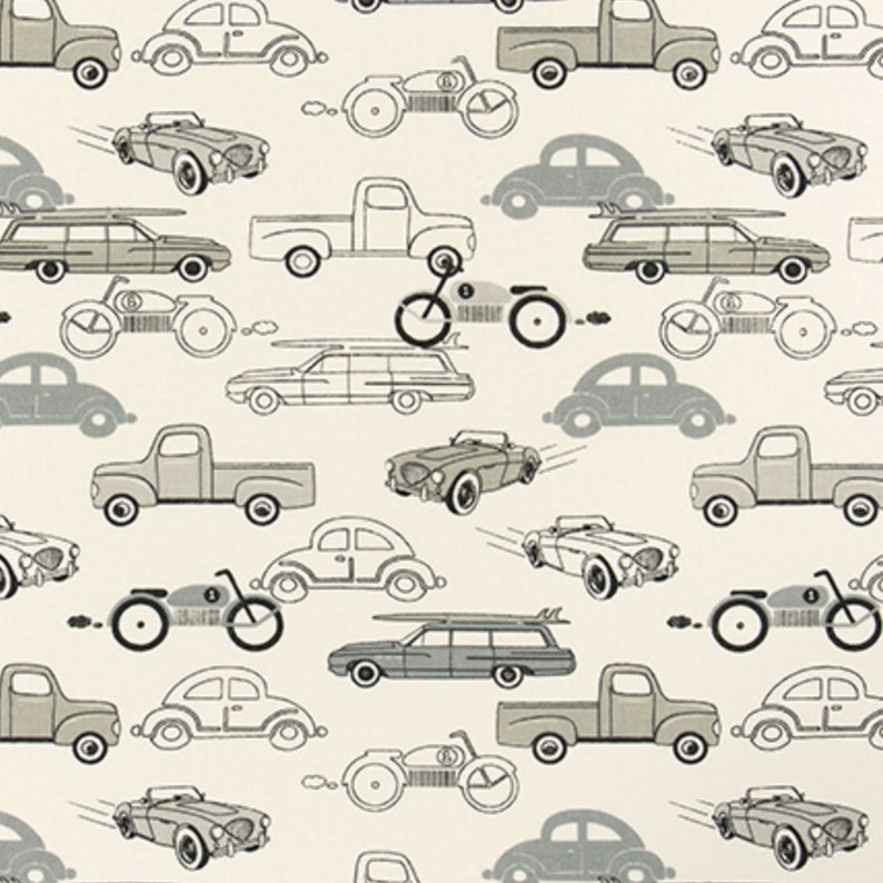May include: A seamless pattern featuring various vintage vehicles in shades of grey on a cream background. The pattern includes cars, trucks, motorcycles, and station wagons.