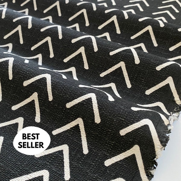 Mudcloth Fabric by the Yard Textured Cotton Black and Off-White African Print Textile for Upholstery Curtains Pillows Boho Home Decor