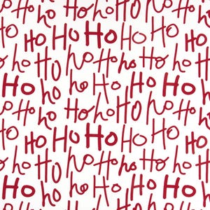 May include: A white background with a repeating pattern of the phrase "Ho Ho Ho" written in red.