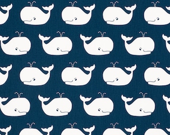 Navy Blue Whale Fabric by the Yard Cotton Canvas Upholstery Weight Textile Ocean Theme Fish Print Nursery Decor Curtain Pillow Quilting