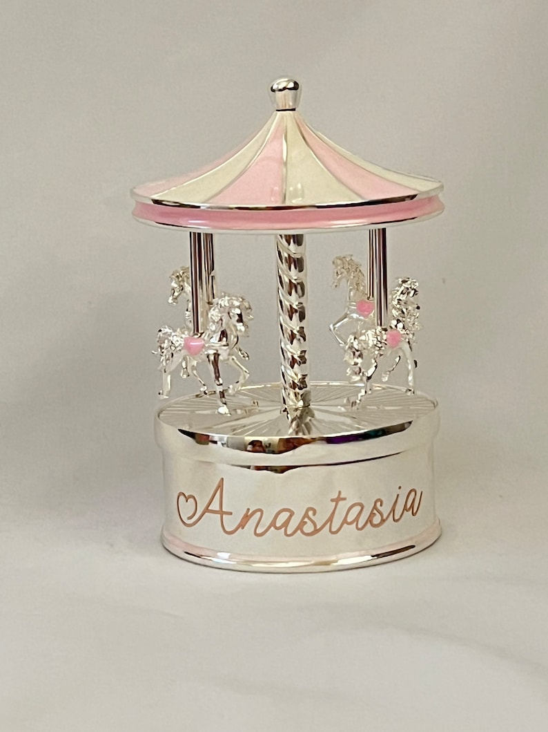 Personalised Silver Musical Carousel, Music box, Musical Carousel, Nursery Gift, New Baby Gift,Horse Carousel,Baptism gift, Christening gift image 1