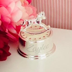 Personalised Silver Musical Rocking Horse, Music box, Nursery Gift, New Baby Gift,Horse Carousel,Baptism gift, Christening gift