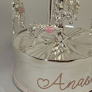 Personalised Silver Musical Carousel, Music box, Musical Carousel, Nursery Gift, New Baby Gift,Horse Carousel,Baptism gift, Christening gift zdjęcie 9