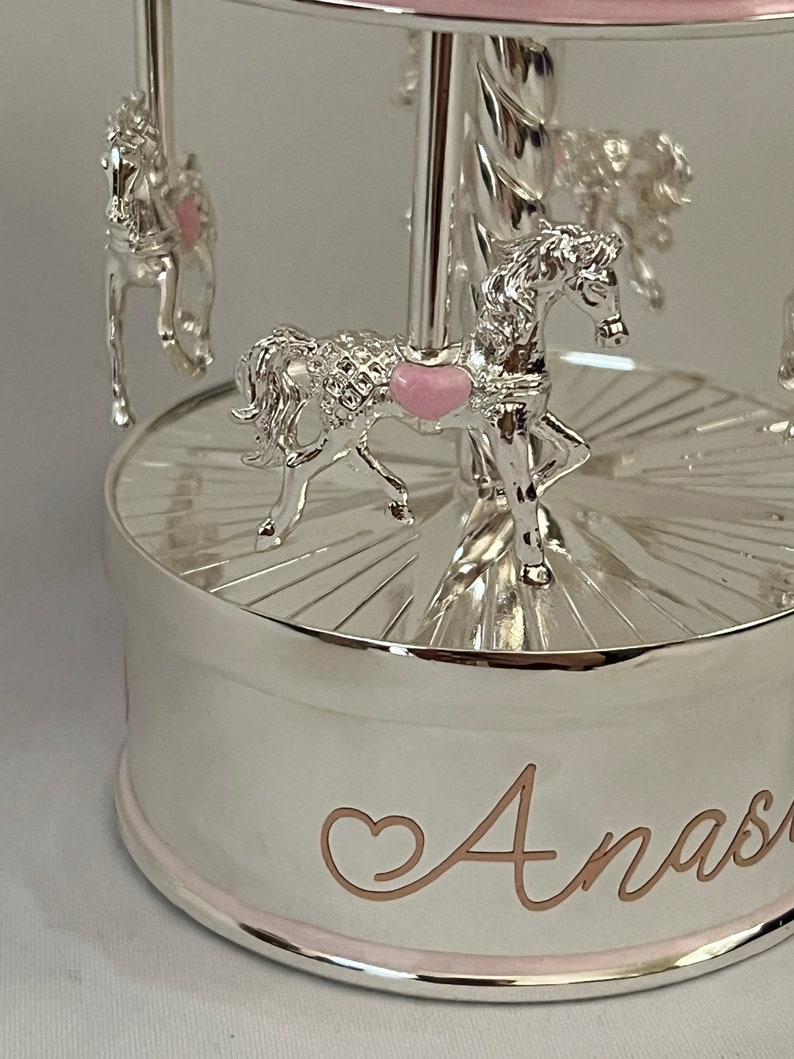 Personalised Silver Musical Carousel, Music box, Musical Carousel, Nursery Gift, New Baby Gift,Horse Carousel,Baptism gift, Christening gift image 9