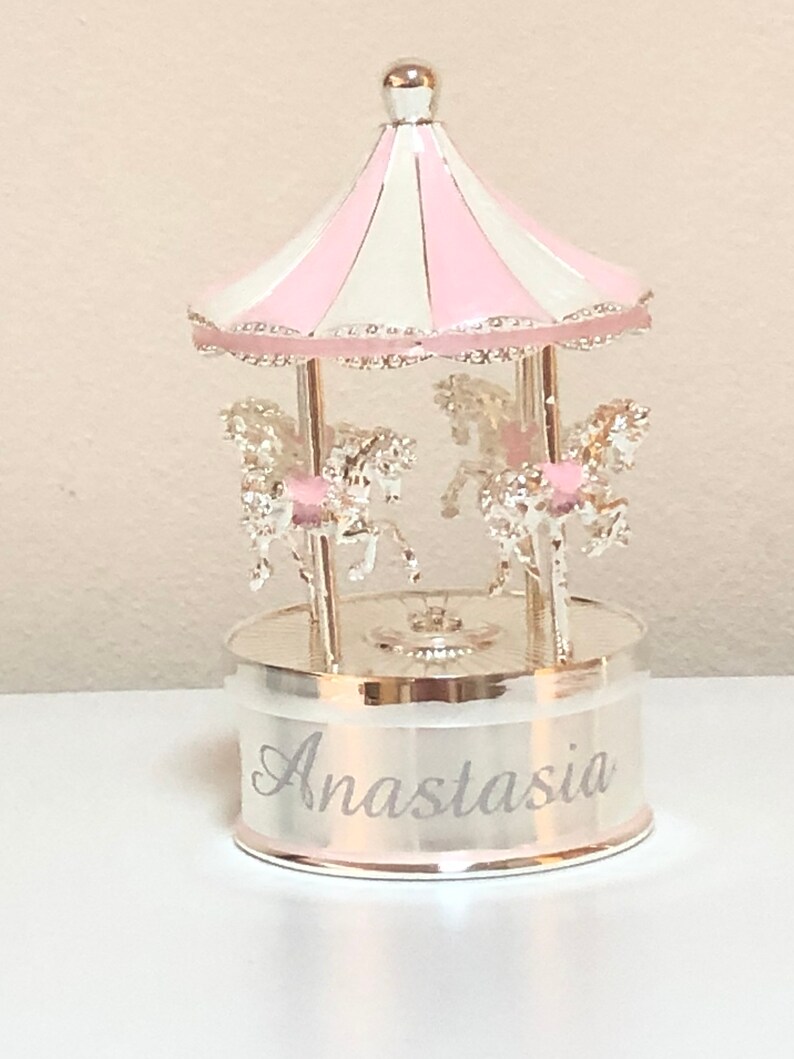 Personalised Silver Musical Carousel, Music box, Musical Carousel, Nursery Gift, New Baby Gift,Horse Carousel,Baptism gift, Christening gift 