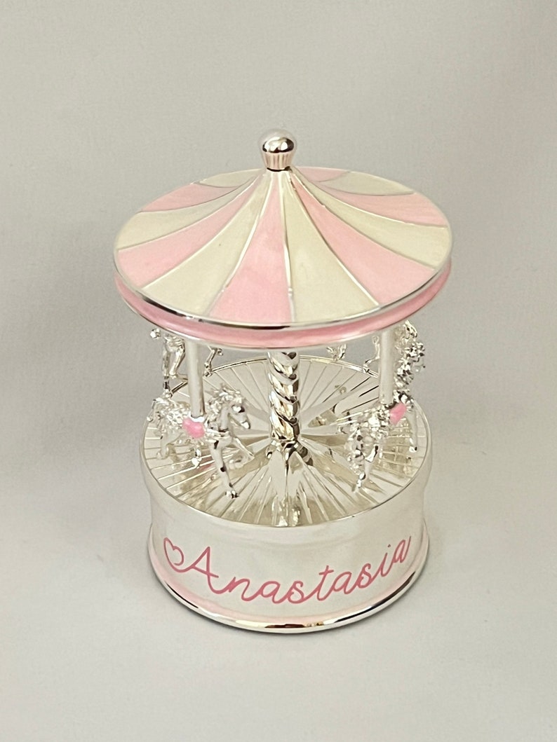 Personalised Silver Musical Carousel, Music box, Musical Carousel, Nursery Gift, New Baby Gift,Horse Carousel,Baptism gift, Christening gift zdjęcie 2