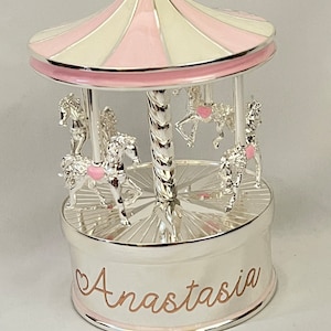 Personalised Silver Musical Carousel, Music box, Musical Carousel, Nursery Gift, New Baby Gift,Horse Carousel,Baptism gift, Christening gift image 3