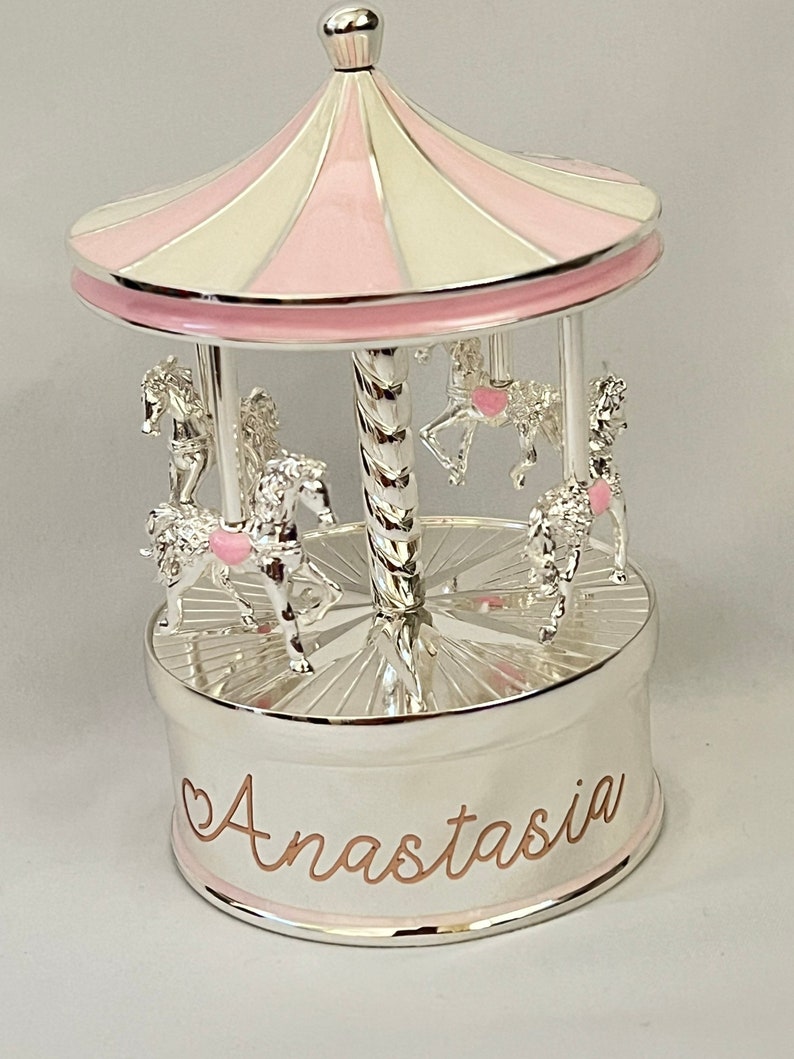 Personalised Silver Musical Carousel, Music box, Musical Carousel, Nursery Gift, New Baby Gift,Horse Carousel,Baptism gift, Christening gift zdjęcie 3