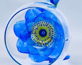 Blue Lotus Flower HandPainted Wine Glass Vintage Grandma Chic Style Artisan Glassware Gift