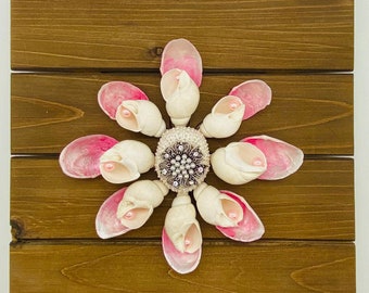 Seashell Flower Pink White With Vintage Broach Wall & Shelf display Vintage Grandma Chic style perfect for Coastal Cottage Beach Decor