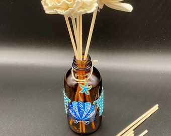 Diffuser Bottle Set includes 10 Reed Sticks & 2 Sola Wood Flowers Hand Decorated in a Coastal Beach Style for Decorative Aromatherapy Decor